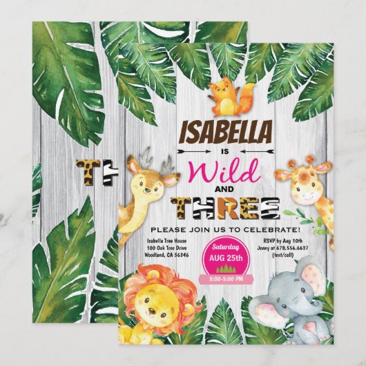 Wild en drie 3e verjaardag uitnodiging safari (Voorkant / Achterkant)