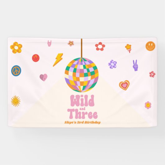 Wild en Drie Disco Ball 3e Verjaardagsfeestje Spandoek (Horizontaal)