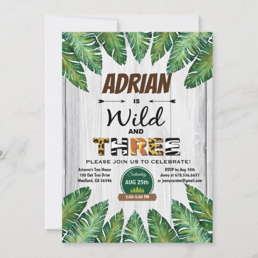 Wild en Drie verjaardagsuitnodiging. Jongen oerwou Kaart (Voorkant)