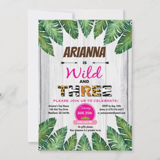 Wild en Drie verjaardagsuitnodiging. Meisjesoerwou Kaart (Voorkant)