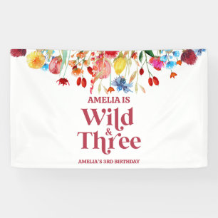 Wild en Drie Wildflower Derde 3e Verjaardagsfeest Spandoek