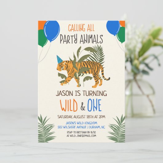 Wild en One Oerwoud Zoo Birthday Invitation Boy Kaart (Staand voorkant)