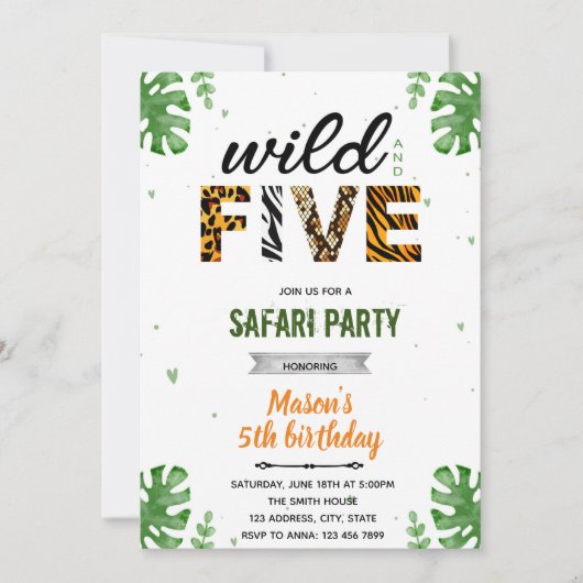 Wild en vijf safari zoo-uitnodiging kaart (Voorkant)
