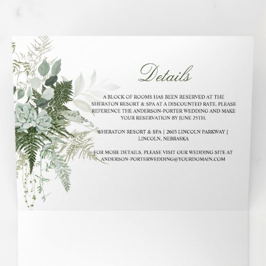 Wild Ferns Succulents Eucalyptus Greenery Wedding Drieluik Uitnodiging (Binnenzijde eerst)