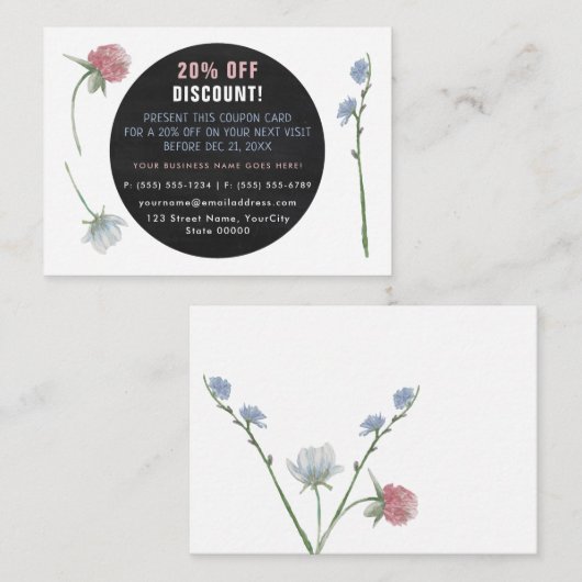 Wild Floral Chalkboard, Korting Voucher Informatiekaartje (Voorkant / Achterkant)