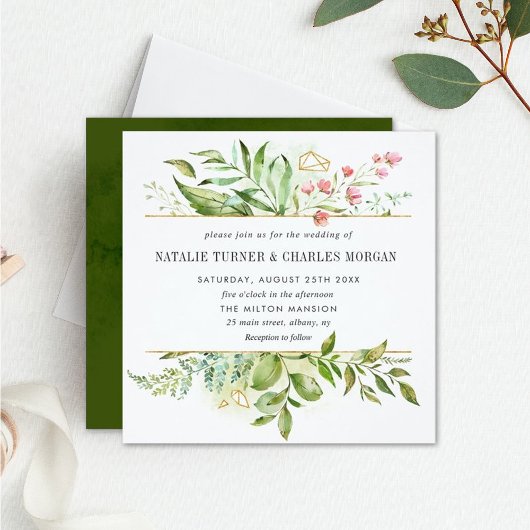 Wild Floral Green Foliage Wedding Invitation Kaart