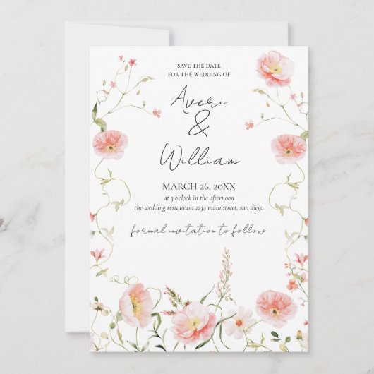 Wild Flower Aquarel Moderne Boho Huwelijk Save The Date (Voorkant)
