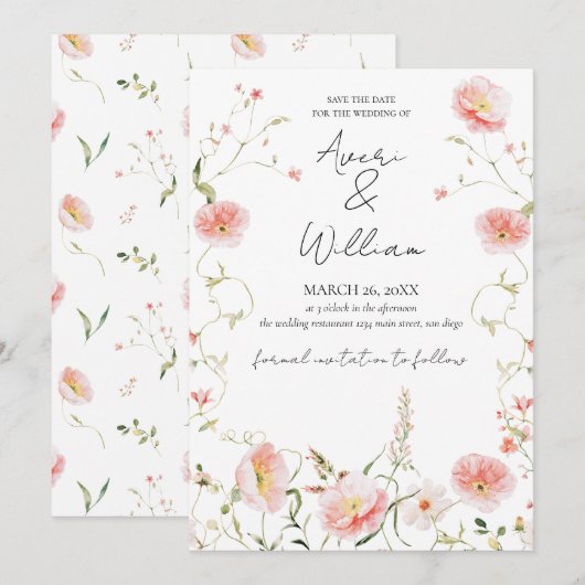 Wild Flower Aquarel Moderne Boho Huwelijk Save The Date (Voorkant / Achterkant)