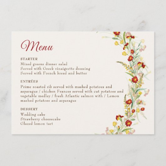 Wild Flower Yellow Marigold Foliage Wedding Menu (Voorkant)