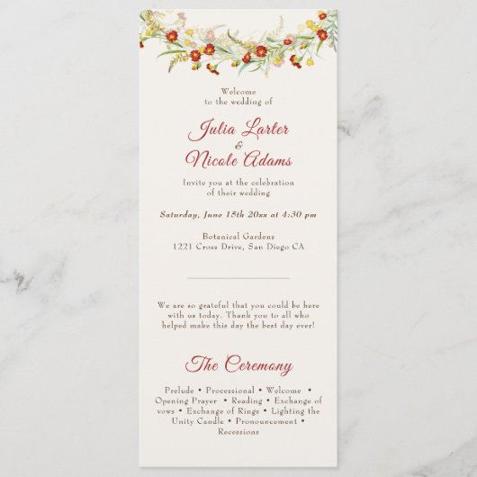 Wild Flower Yellow Marigold Foliage Wedding Programma (Voorkant)