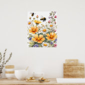 Wild Flowers and Honey Bees Waterverf Poster (Keuken)