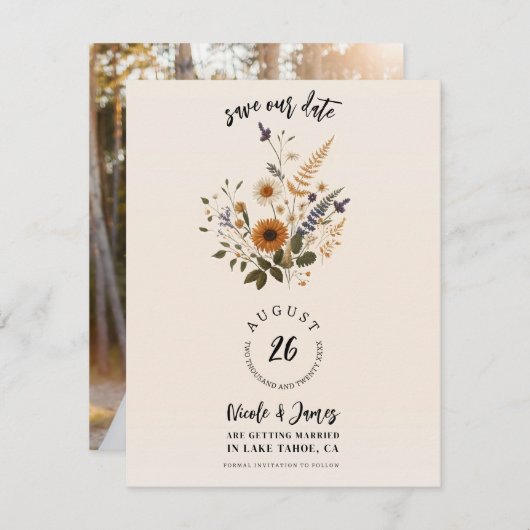 Wild Flowers Floral Boho Save the Date Kaart (Voorkant / Achterkant)