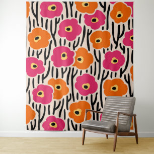 Wild Flowers Pattern Hot Pink en Sinaasappel Wandkleed