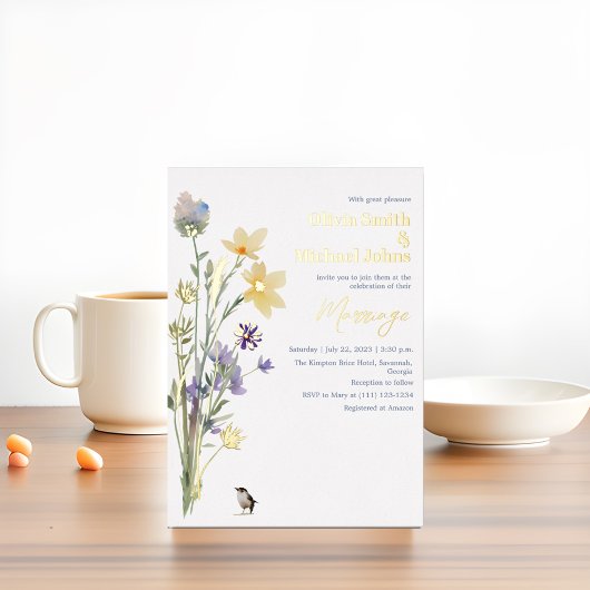 Wild flowes Watercolor Gold Wedding Invitation