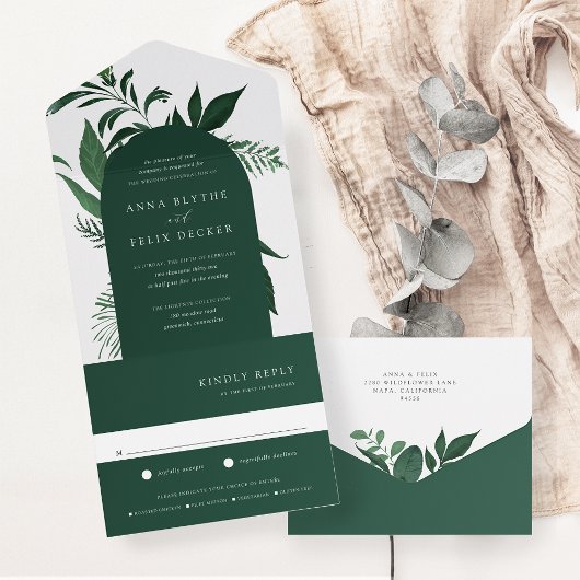 Wild Forest Green Botanical Arch Wedding All In One Uitnodiging