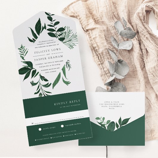 Wild Forest Green Botanical Lijst Wedding All In One Uitnodiging