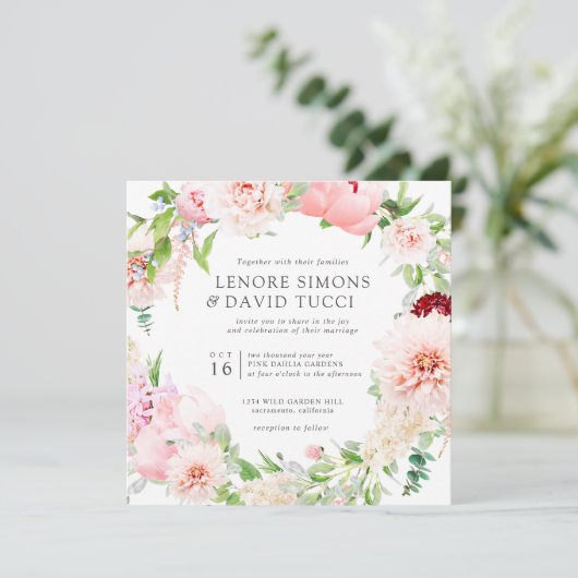 Wild Garden | Alles in één roze botanische bruilof Kaart (Staand voorkant)