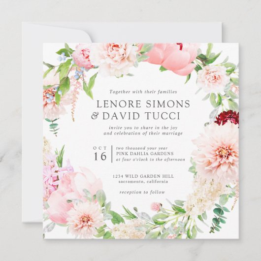 Wild Garden | Alles in één roze botanische bruilof Kaart (Voorkant)