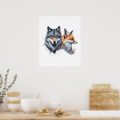 Wild Harmony: Waterverf Wolf en Fox Poster (Keuken)