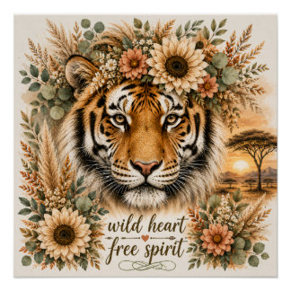 Wild Hart Vrije Geest Boho Bloemige Tijger Kunst Perfect Poster