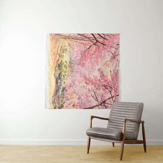 Wild Himalayan Cherry: Waterverf landschap. Wandkleed (In Situ (horizontaal))