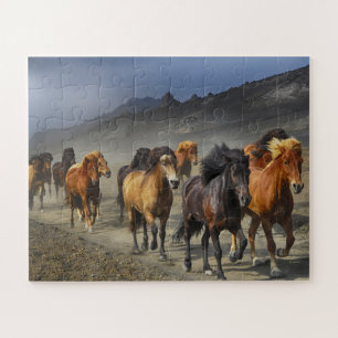 Wild Horses Dusty Desert Mountains Hills Foto Legpuzzel