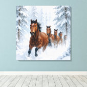 Wild Horses Running Through a Snowy Forest Canvas Afdruk (Insitu (Houten vloer))
