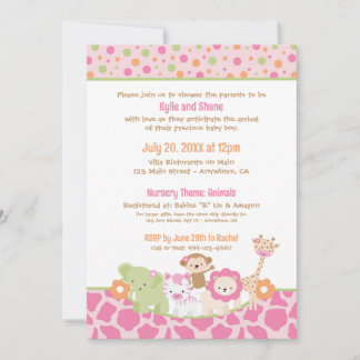 Wild Jungle Animals Baby Girl Shower Invitation Kaart