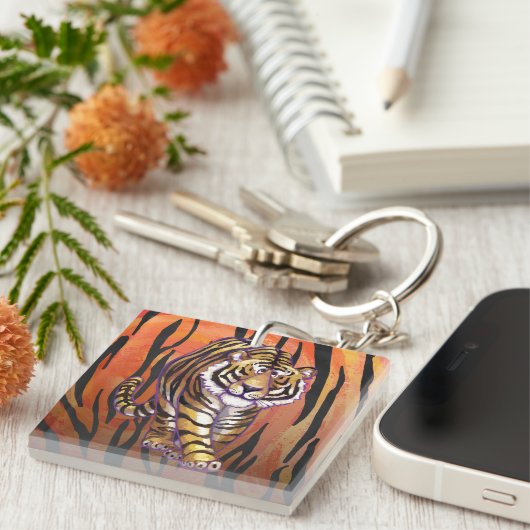 Wild Me Tiger Hot oranje en zwart afdrukken Sleutelhanger (Voorkant Rechts)
