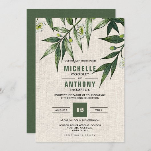 Wild Meadow | Greenery Botanical Burlap Wedding Kaart (Voorkant / Achterkant)