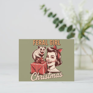 Wild meisje kerst opossum Kerstmis rommelig retro Feestdagenkaart