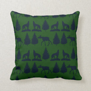 Wild Moose Wolves Pine Trees Rustic Green Navy Kussen