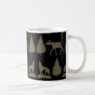 Wild Moose Wolves Pine Trees Rustic Tan Black Koffiemok