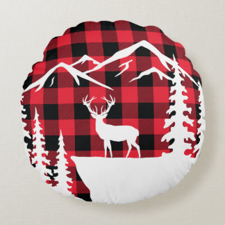 Wild Mountain Scene Buffalo Check Round Pillow Rond Kussen