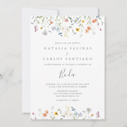 Wild Multicolour Bloemen Spaans Front Back Bruilof Kaart (Voorkant)