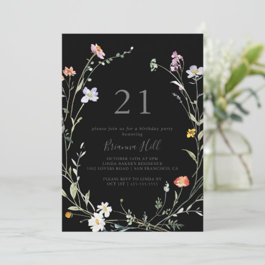 Wild Multicolour Bloemen Zwart 21ste Verjaardagsfe Kaart (Staand voorkant)
