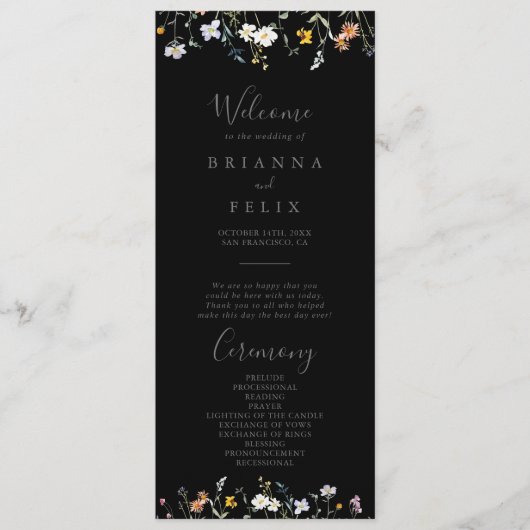 Wild Multicolour Floral Black bruiloft programma (Voorkant)