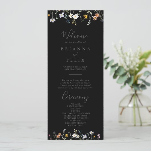 Wild Multicolour Floral Black bruiloft programma (Staand voorkant)