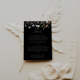Wild Multicolour Floral Zwart Bruiloft Details Informatiekaartje