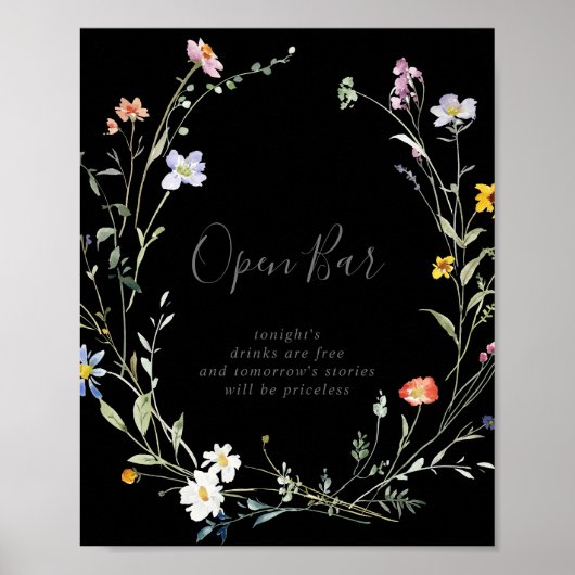 Wild Multicolour Floral Zwart Bruiloft Open Bar Si Poster (Voorkant)