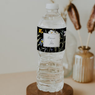 Wild Multicolour Floral Zwart Bruiloft Waterfles Etiket