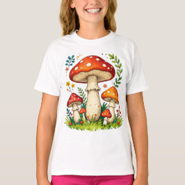 Wild mushrooms and flowers in grass forest nature t-shirt