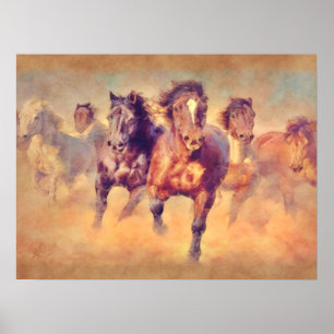 Wild Mustang Horses Stampede Waterverf Poster