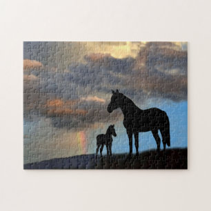 Wild Mustang Mare en Foal met regenboog Legpuzzel