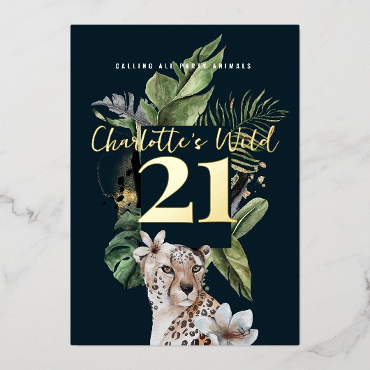 Wild Oerwoud Leopard 21ste Verjaardagsfeest Folie Uitnodiging (Voorkant)