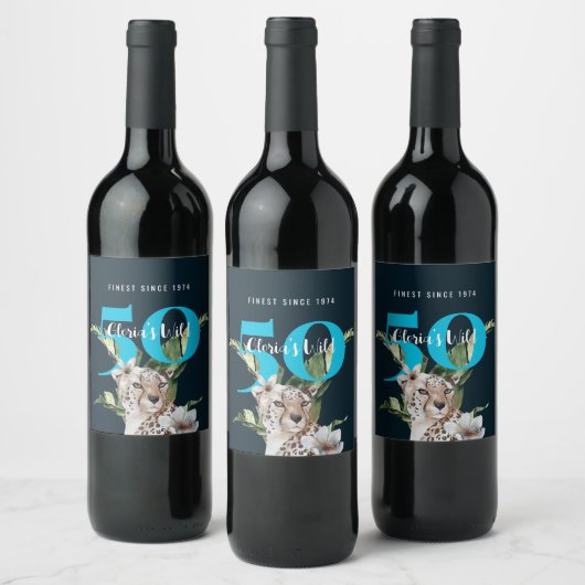 Wild Oerwoud Leopard Blue 50ste verjaardag Grappig Wijn Etiket (Flessen)