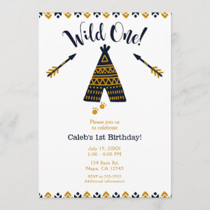 Wild One 1e verjaardag Blauw & Goud Tepee Feest Kaart