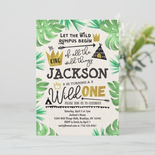 Wild ONE 1e Verjaardag Uitnodiging Boy Wild Things (Staand voorkant)