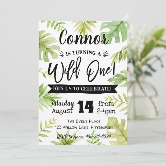 Wild One 1er anniversaire Invitation Jungle feuill (Debout devant)