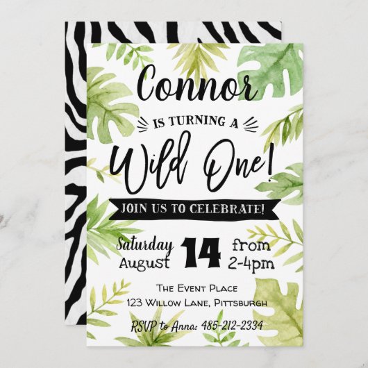 Wild One 1er anniversaire Invitation Jungle feuill (Devant / Derrière)